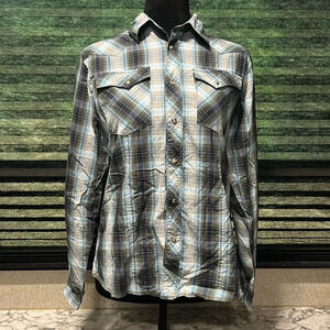 Wrangler Boys Western Plaid Pearl Snap Front‎ Long Sleeve Shirt Large